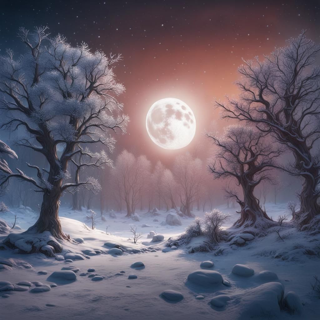 Iglos in Winter Landscape with Moon, Detailed Matte Painting
