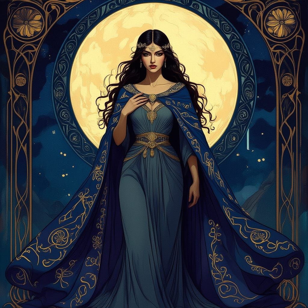 Art Nouveau Moon Goddess in Deep Colors