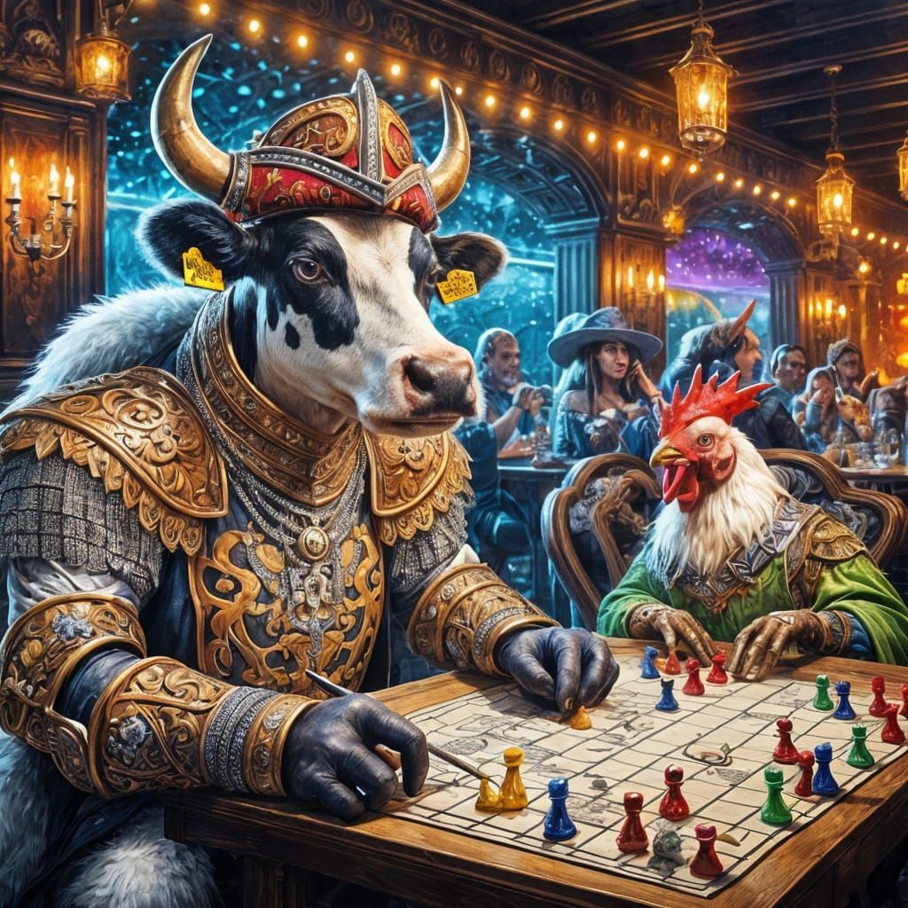 Cow in Medieval Armor Rolls Dice with Wizard Chicken in Glam...