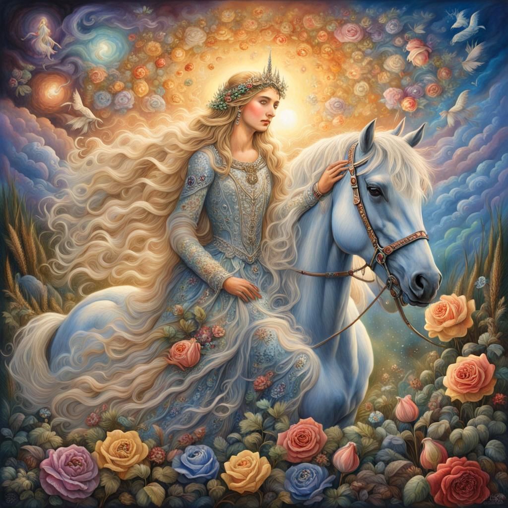 Luminous Woman with Unicorn in Fantasy Style