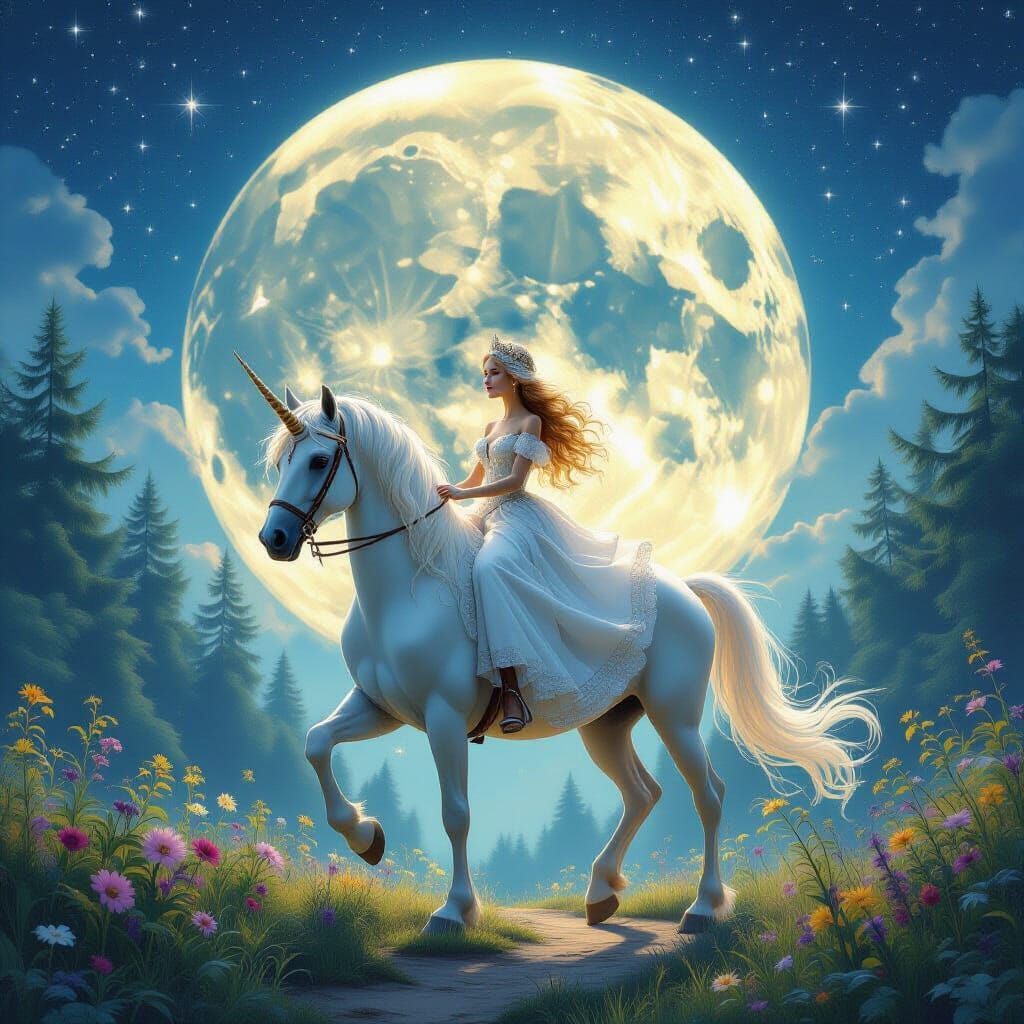 Fairy Princess and Unicorn in Fractal Oil Painting