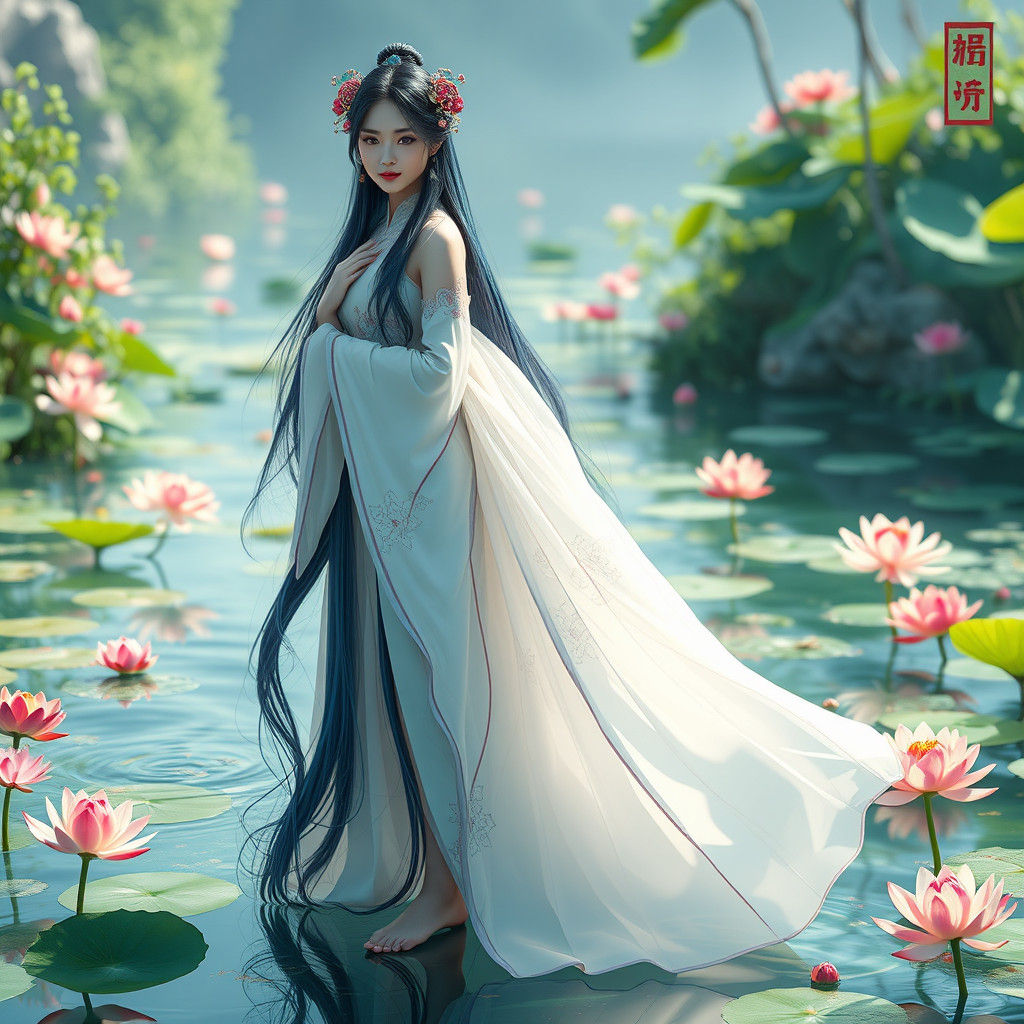 Ethereal Chinese Maiden in Water Garden, Shuimo Style