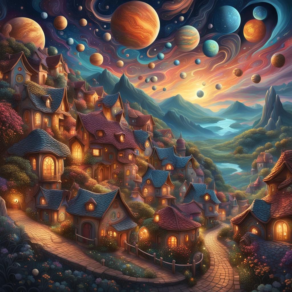 Whimsical Village Under Stargazing Woman, Fantasy Concept Ar...