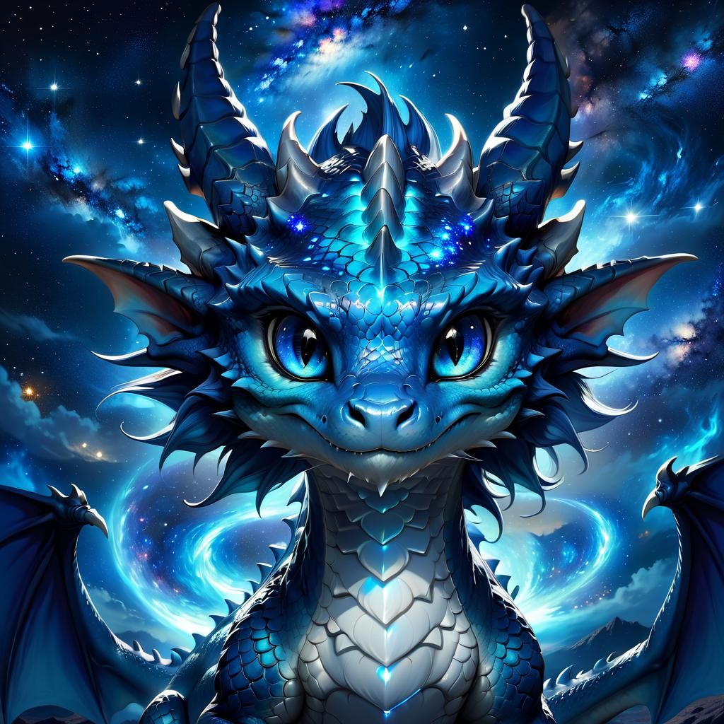Glowing Blue Dragon Portrait with Galaxy Background