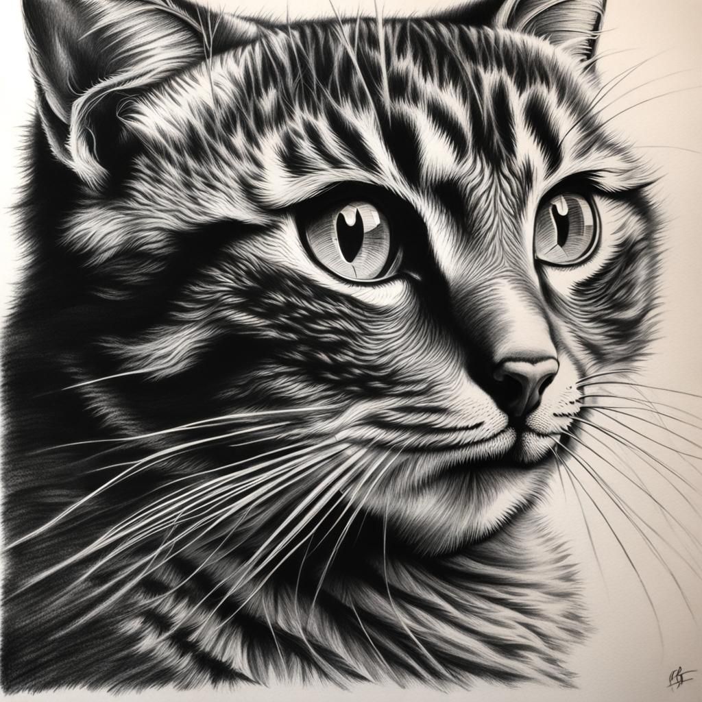 Hyperdetailed Charcoal Drawing of a Cat