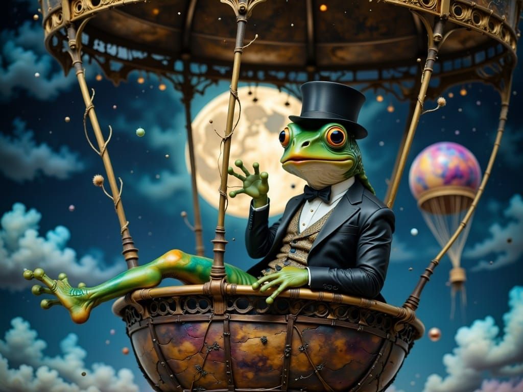 Victorian Frog in Hot Air Balloon Under Moonlight