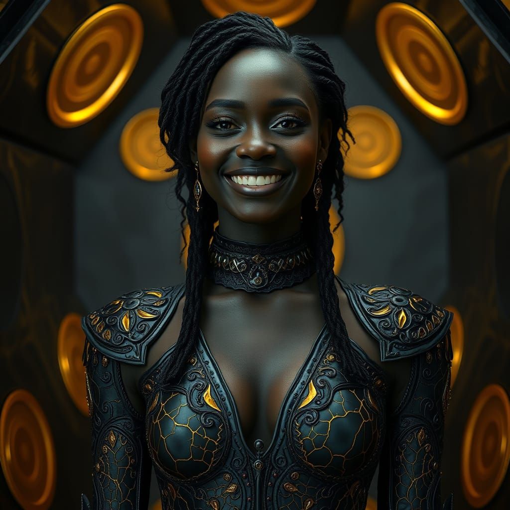 Gothic Obsidian Woman in Hexagonal Chamber, Photo-Realistic