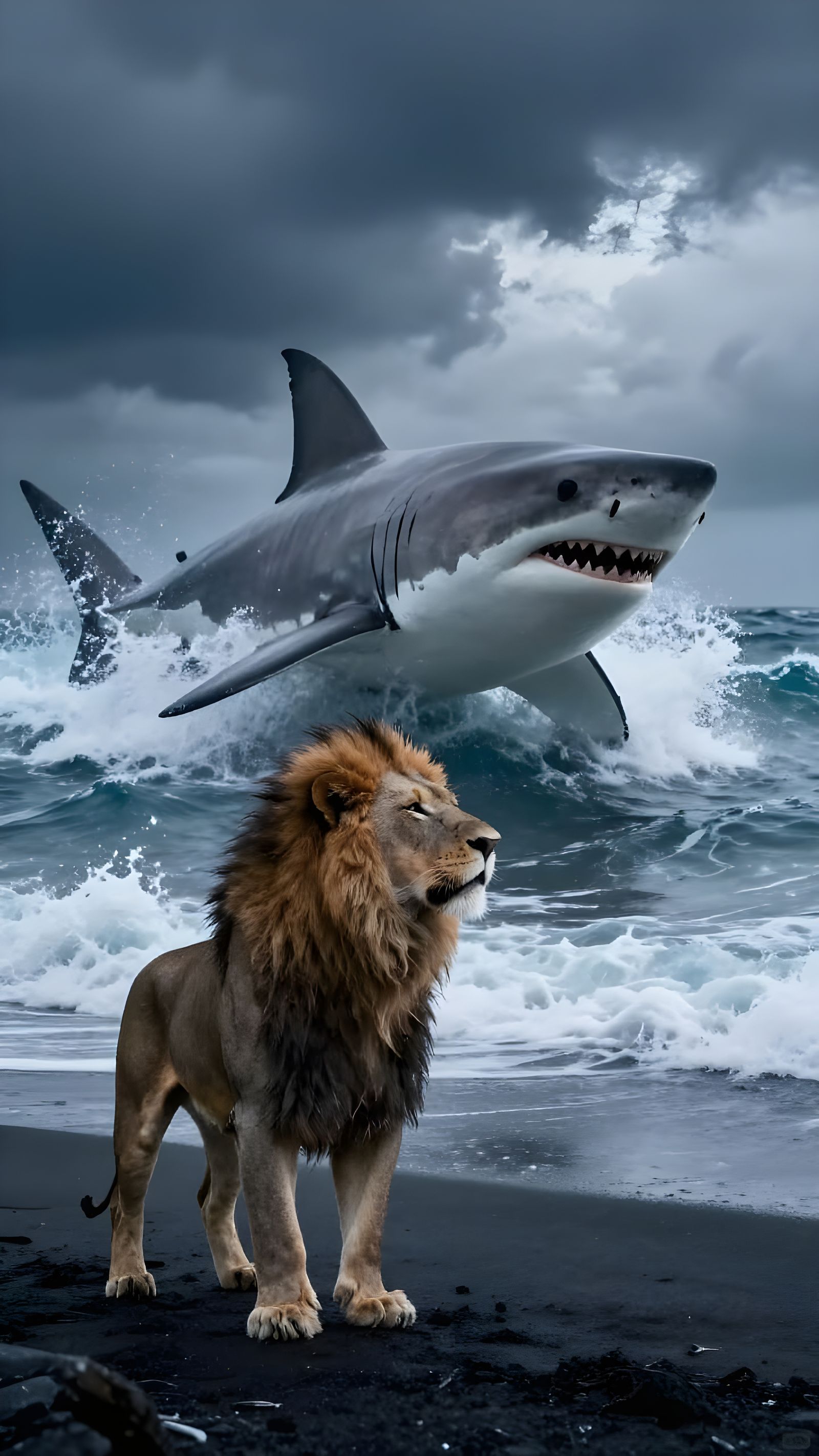 Lion Confronts Shark on Stormy Beach