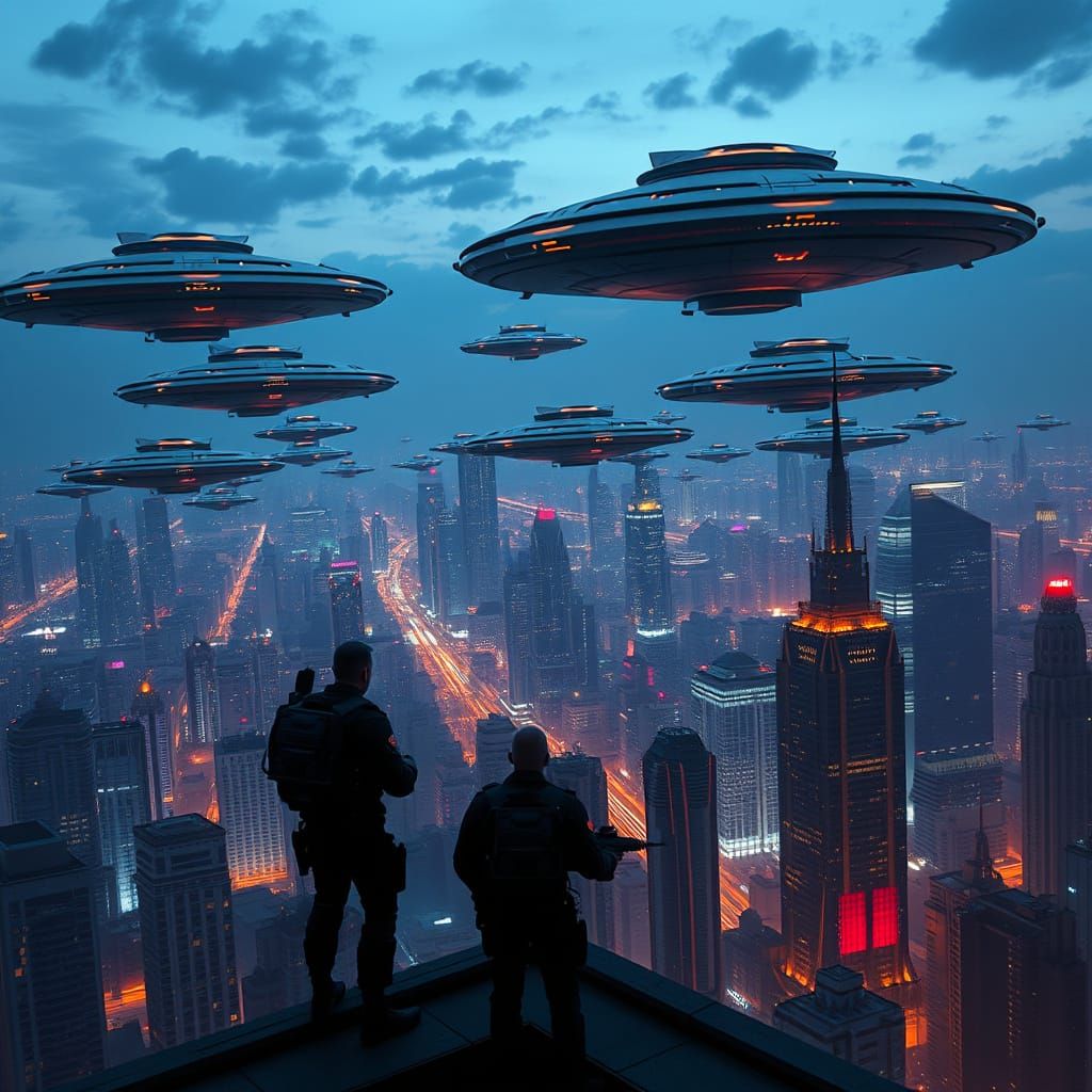 Sleek UFOs Hover Over Futuristic Cityscape at Dusk