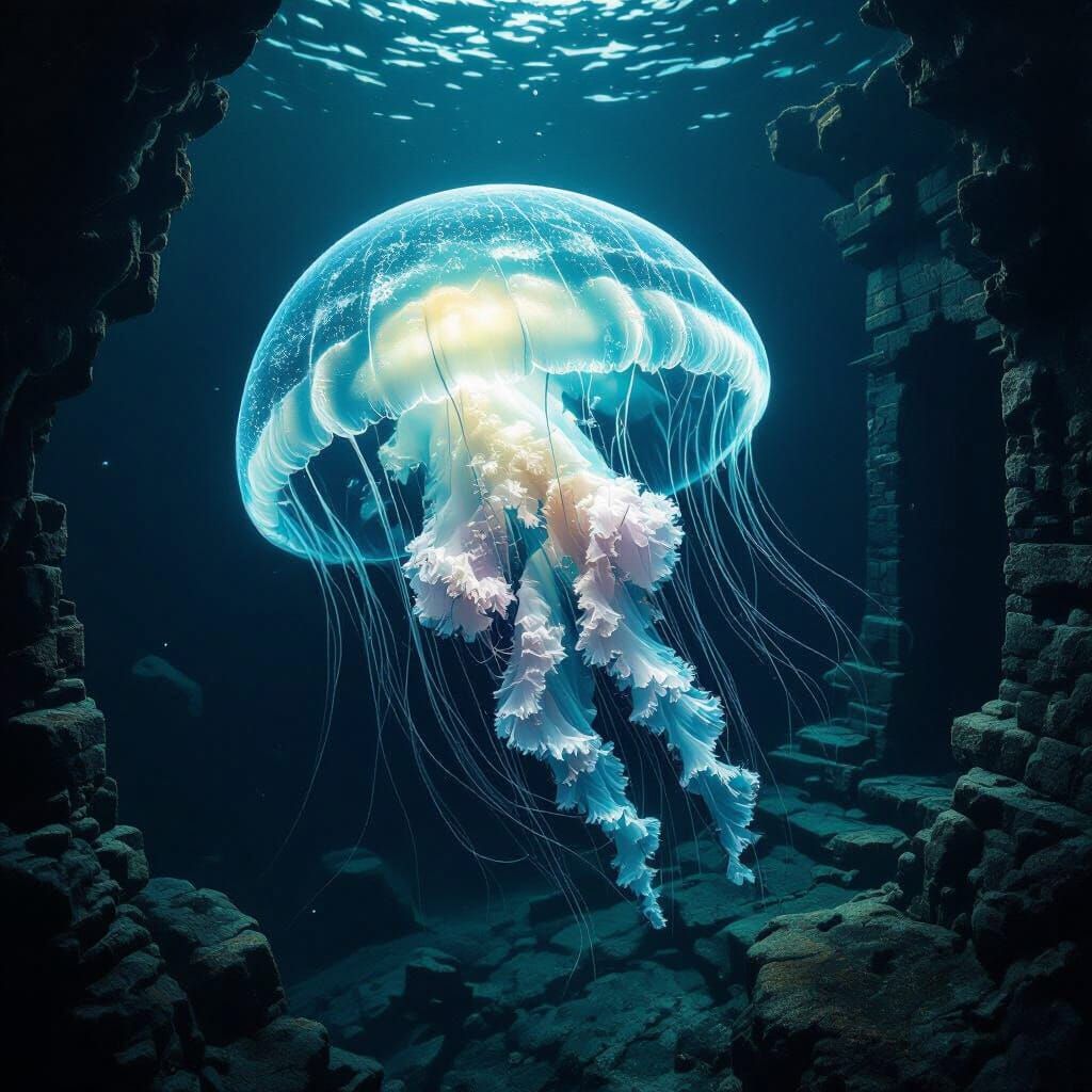 Bioluminescent Jellyfish Illuminates Sunken Ruins