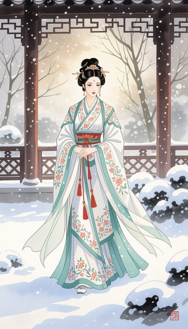 Empress in Snowy Garden, Chinese Ink-Wash Style