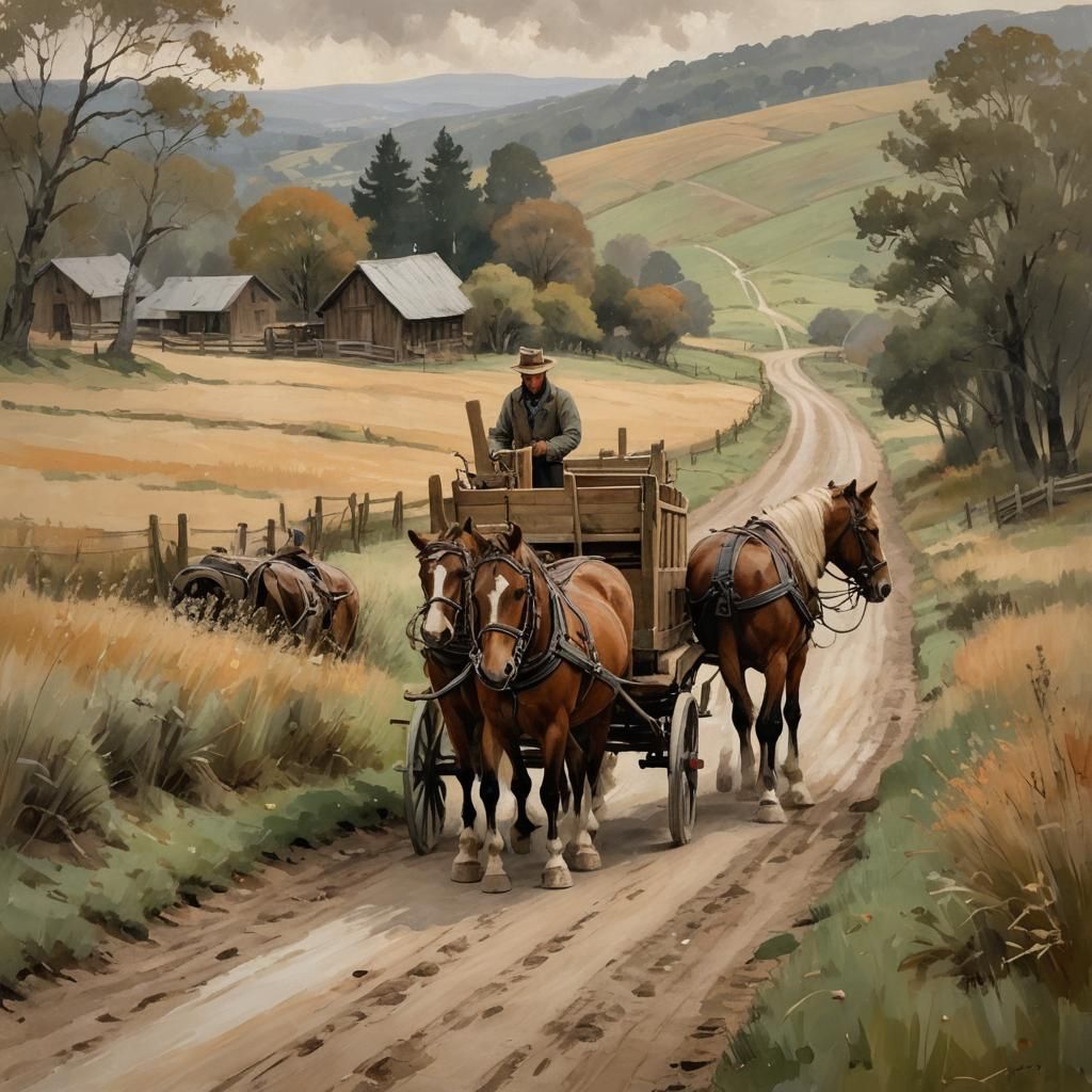 Horses and Cart in Impressionist Rural Landscape