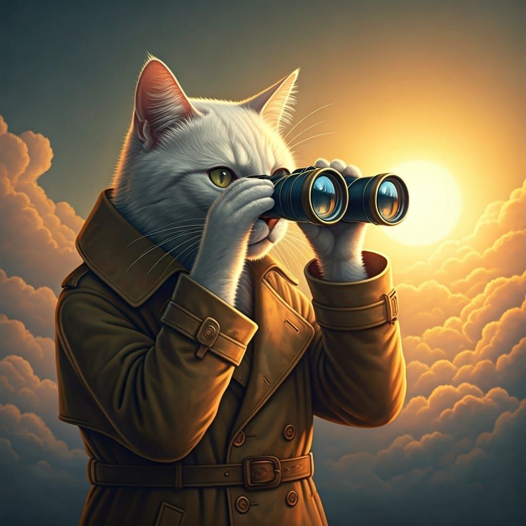 Whimsical Cat Spy Surveys Sunset Landscape
