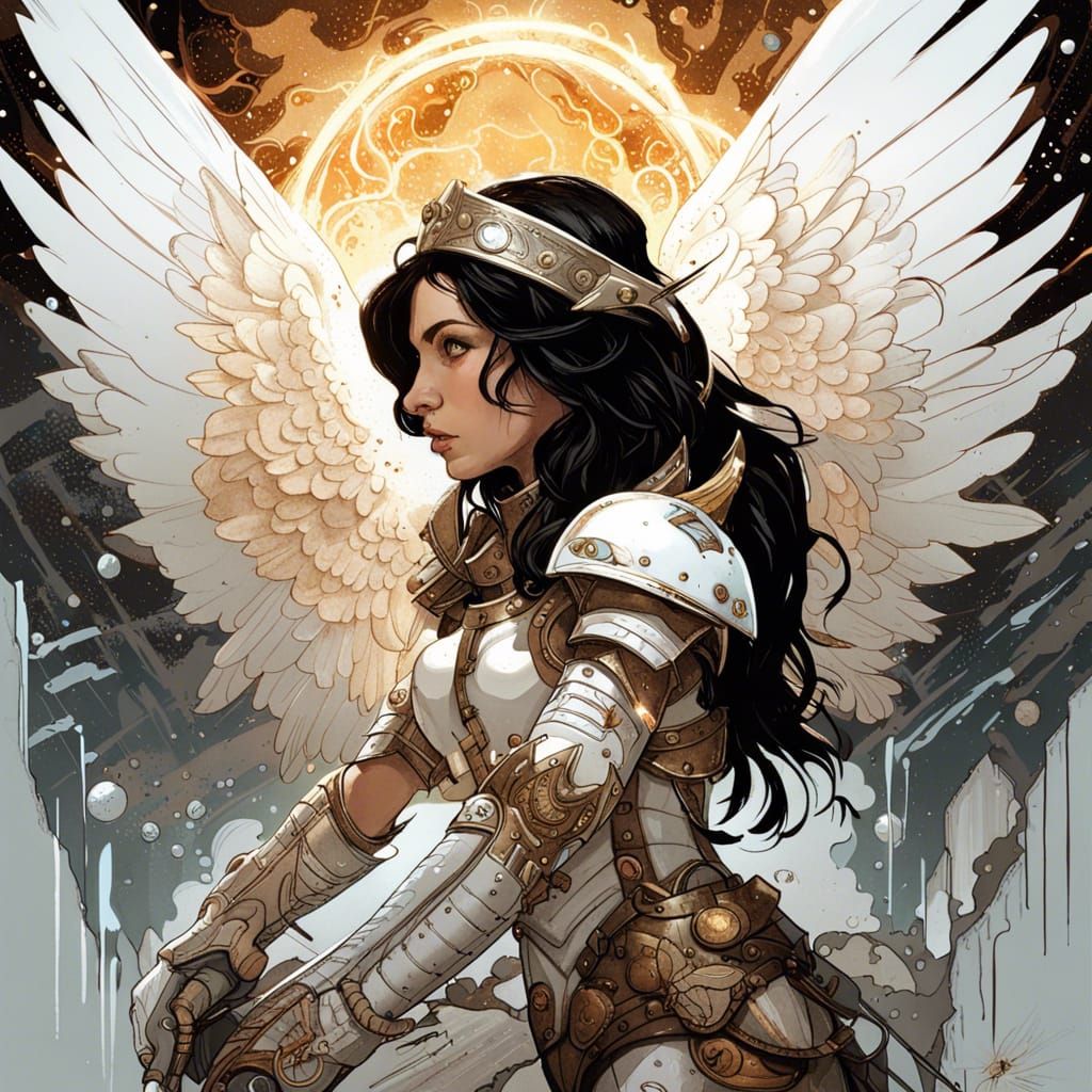 Brunette Angel in White Knight Armor