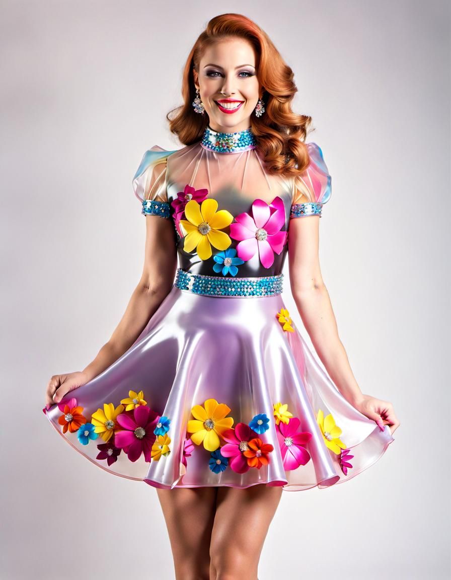 Woman in Floral Latex Skater Dress Studio Photo