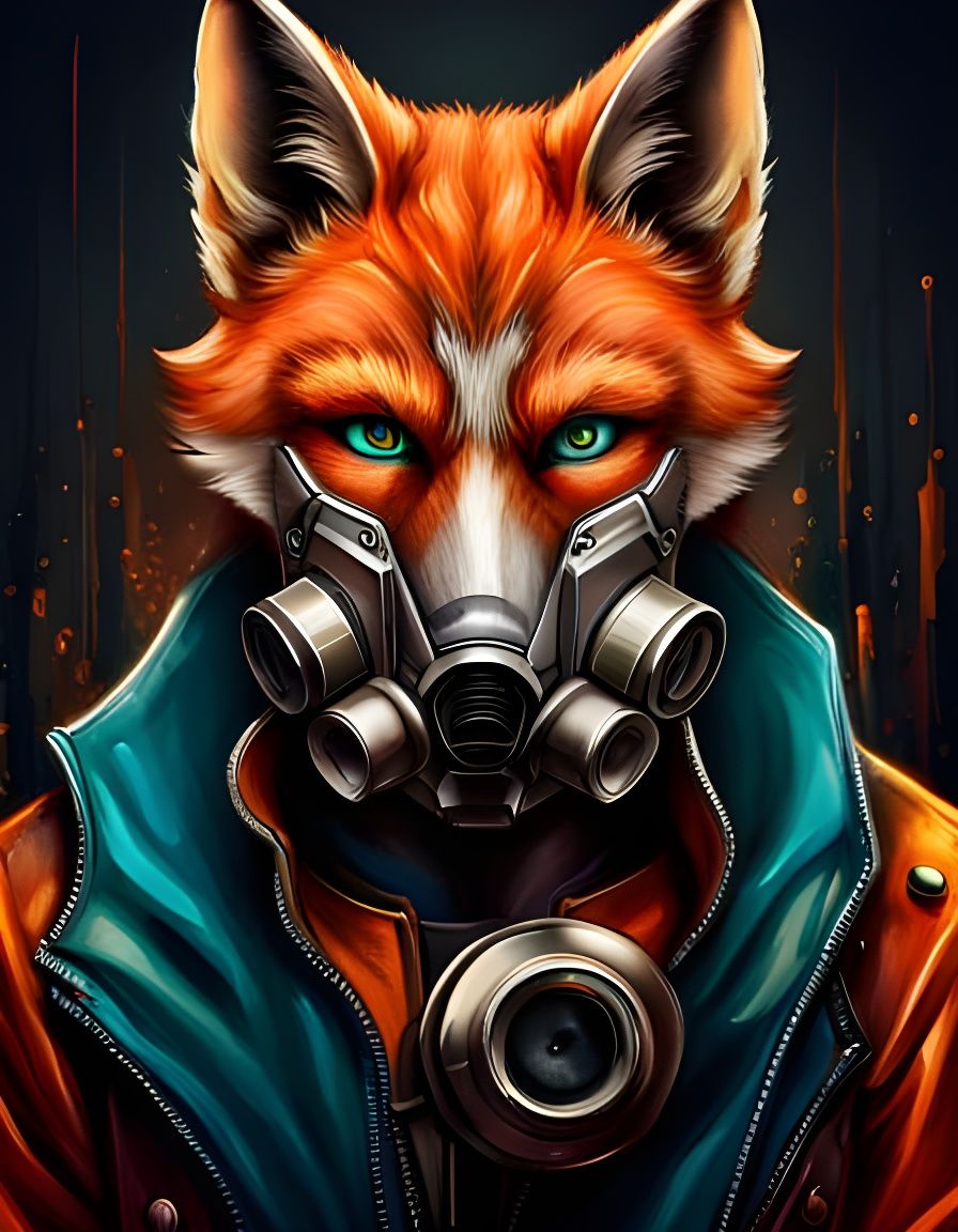 Cyberpunk Fox Portrait with Gas Mask in Oil Painting Style
