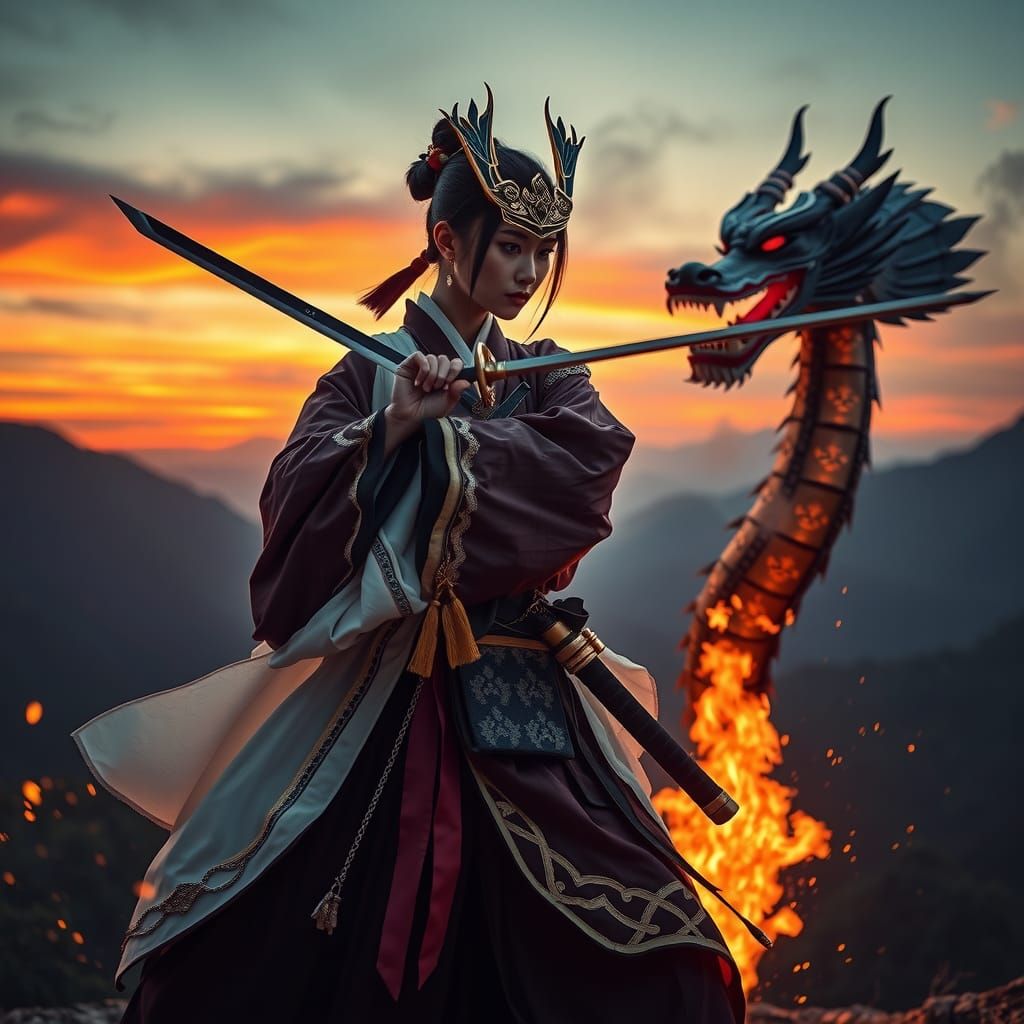 Samurai Woman and Dragon in Cinematic HDR