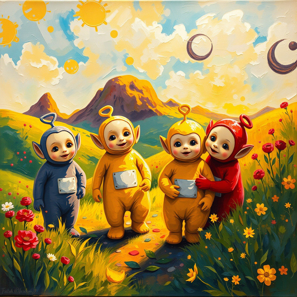 Teletubbies in Dreamlike Impressionist Landscape