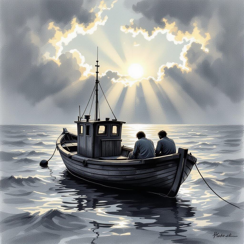 Charcoal Illustration of Fishing Boat After Storm