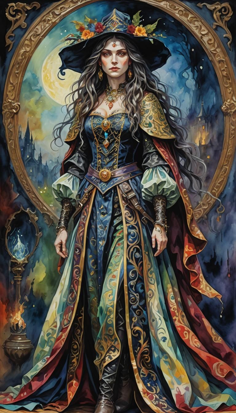 Sorceress Portrait in Gouache and Watercolor Style