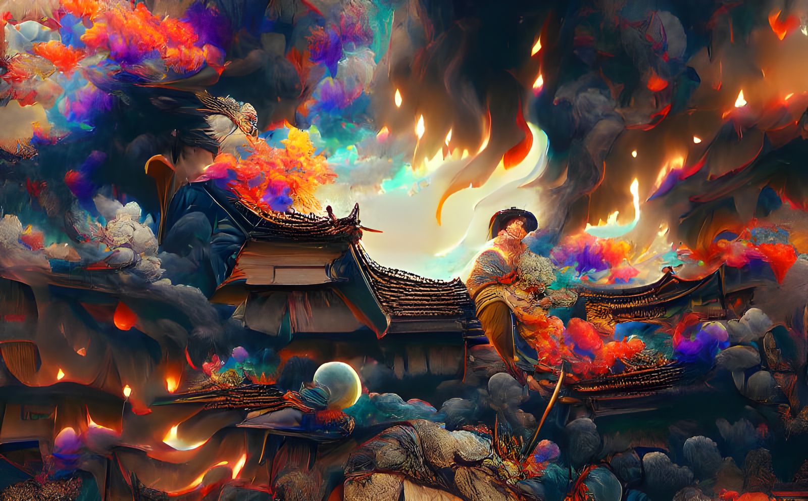 King of Waning Flames in Cyberpunk Fire Landscape