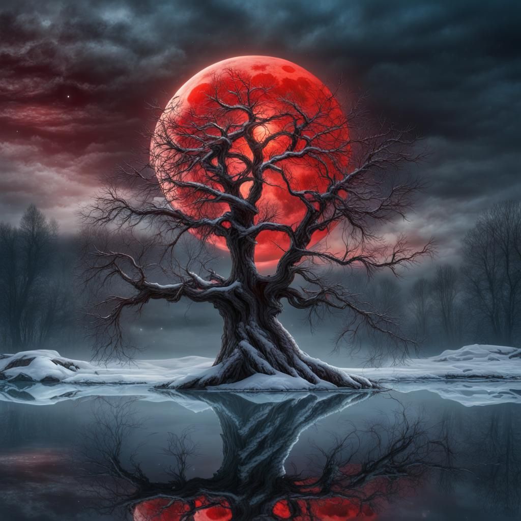 Icy Tree Reflects Blood Moon in Glowing Lake