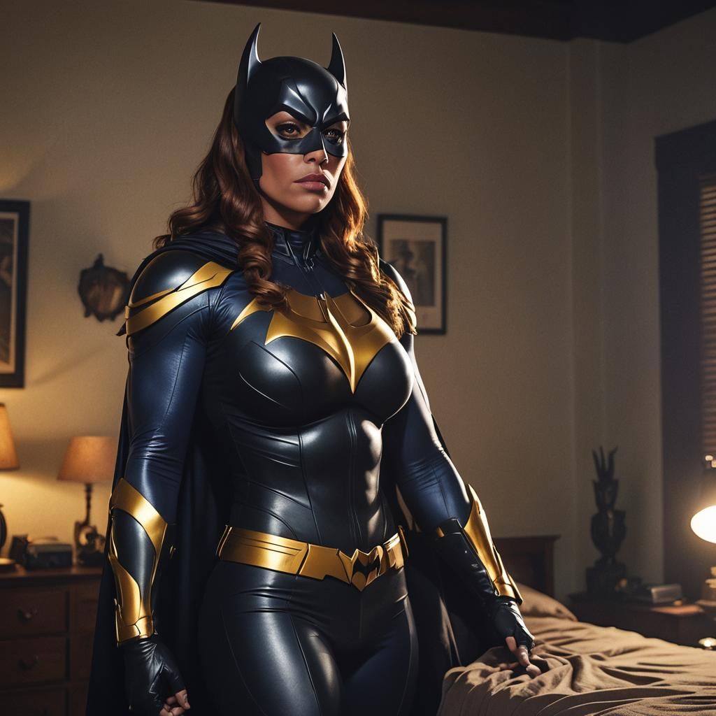 Muscular Batgirl in Bedroom: Cinematic Film Still