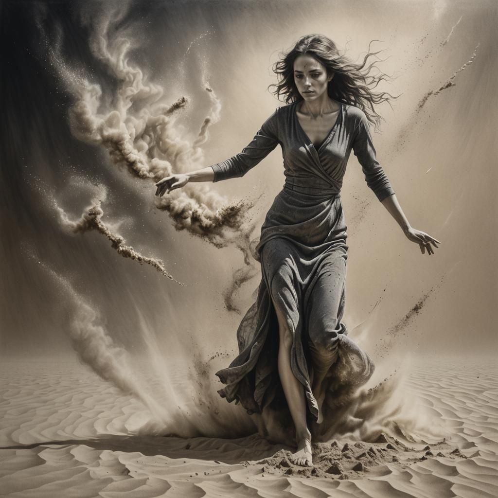 Woman Turns to Sand: Mystical Charcoal Drawing