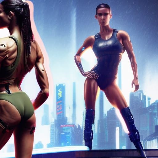wet tanned big muscular female physique half cyborg enhanced female, shooting laser gun at soldiers, 4k