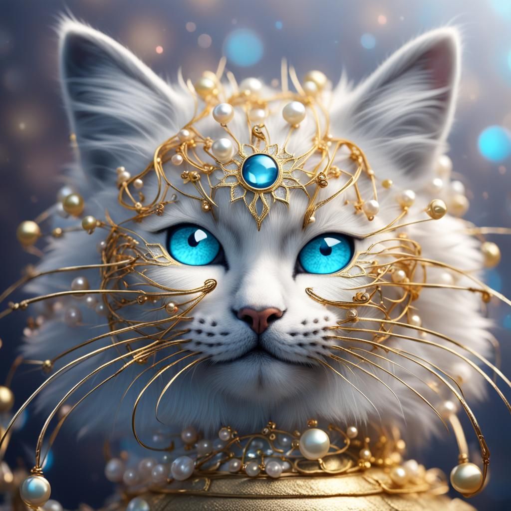 Golden Cat Face with Pearl Hair, 4K Render