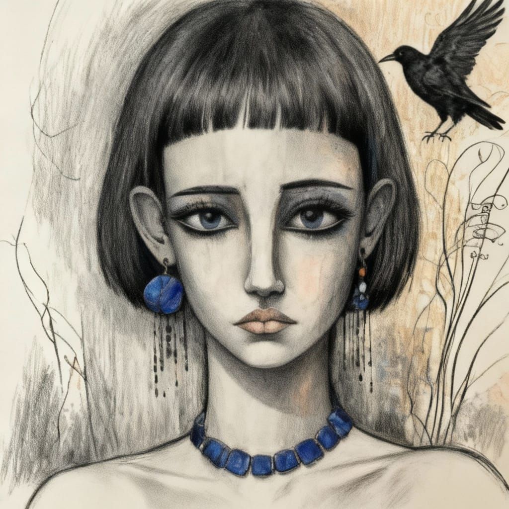 Sad Gothgirl Portrait in High Contrast Impasto Style