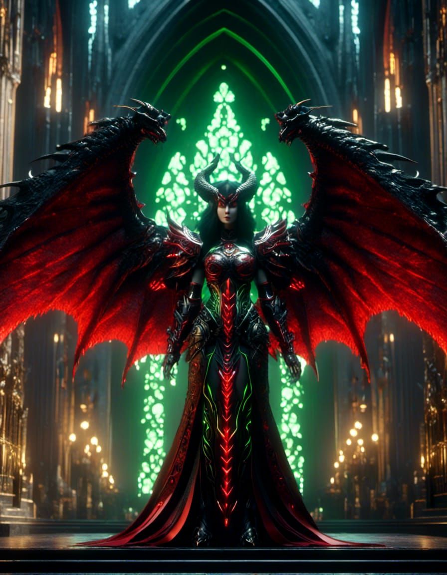 Symmetrical female, dragon winged, horned demon queen, armored, in cathedral, red, black with green 16K Resolution <lora...