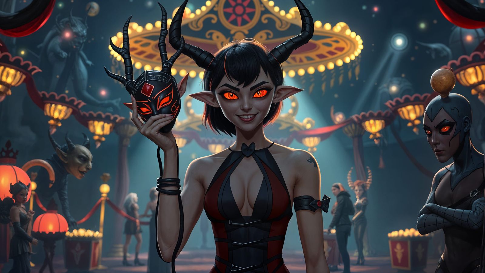 Tiefling Prepares for Surreal Carnival in Animated Style