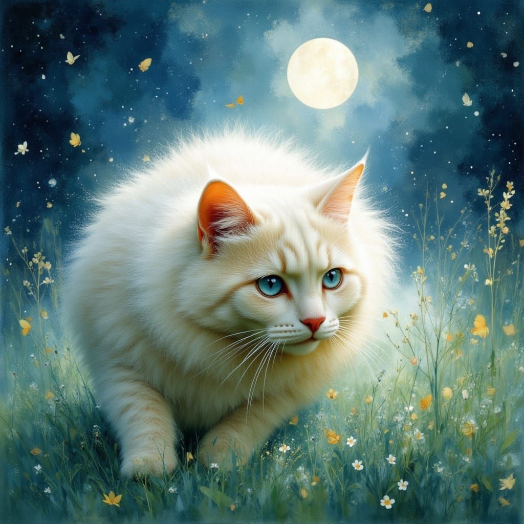 Himalayan Cat Stalking in Moonlit Grass