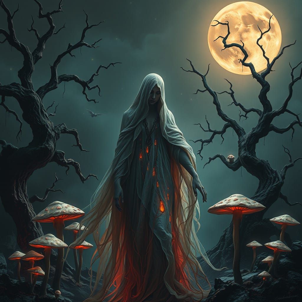 Dark Fantasy Moon Goddess in Haunting Dreamscape