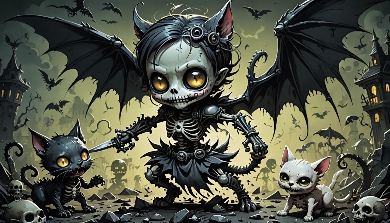 Zombie Fairy Skeleton vs Dragon Kitten in Comic Noir