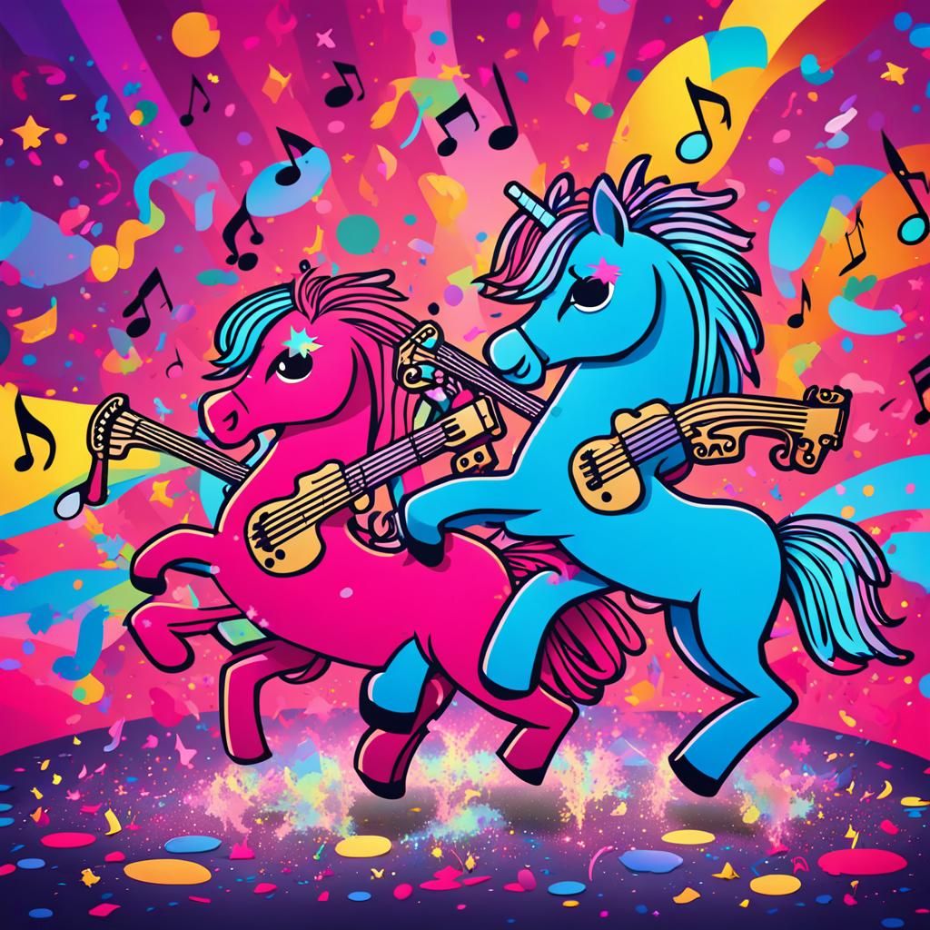 Cartoon Ponies Play Instruments in Colorful Splash Art