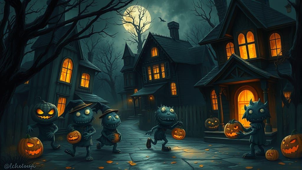Mischievous Monsters Trick-or-Treating in Eerie Halloween Sc...