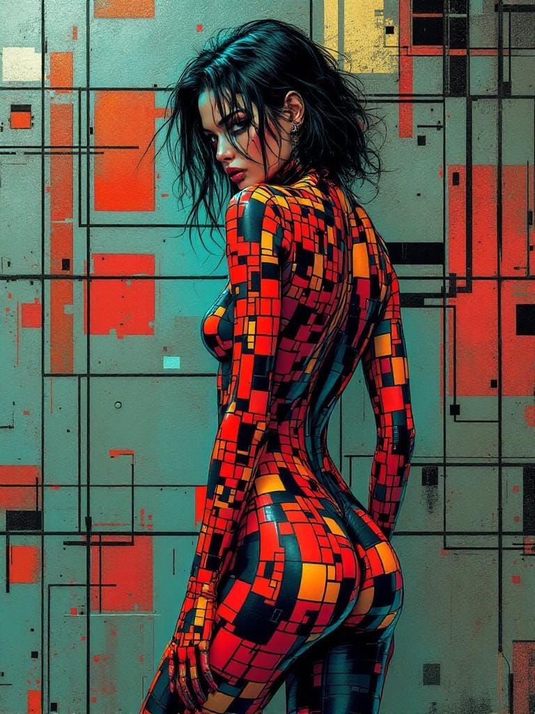 Cyberpunk Woman Merging with Geometric Wall Art