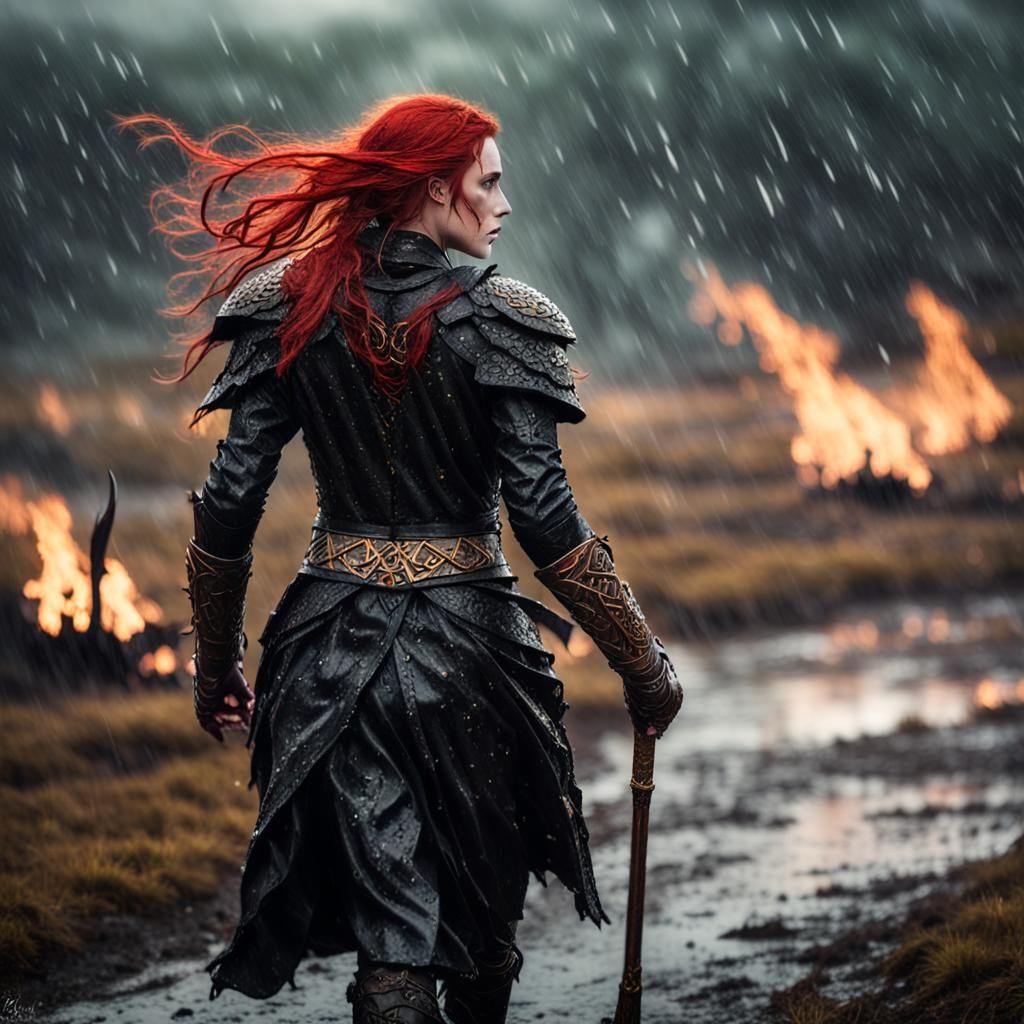 Morrighan Walks a Firelit Battlefield in the Rain