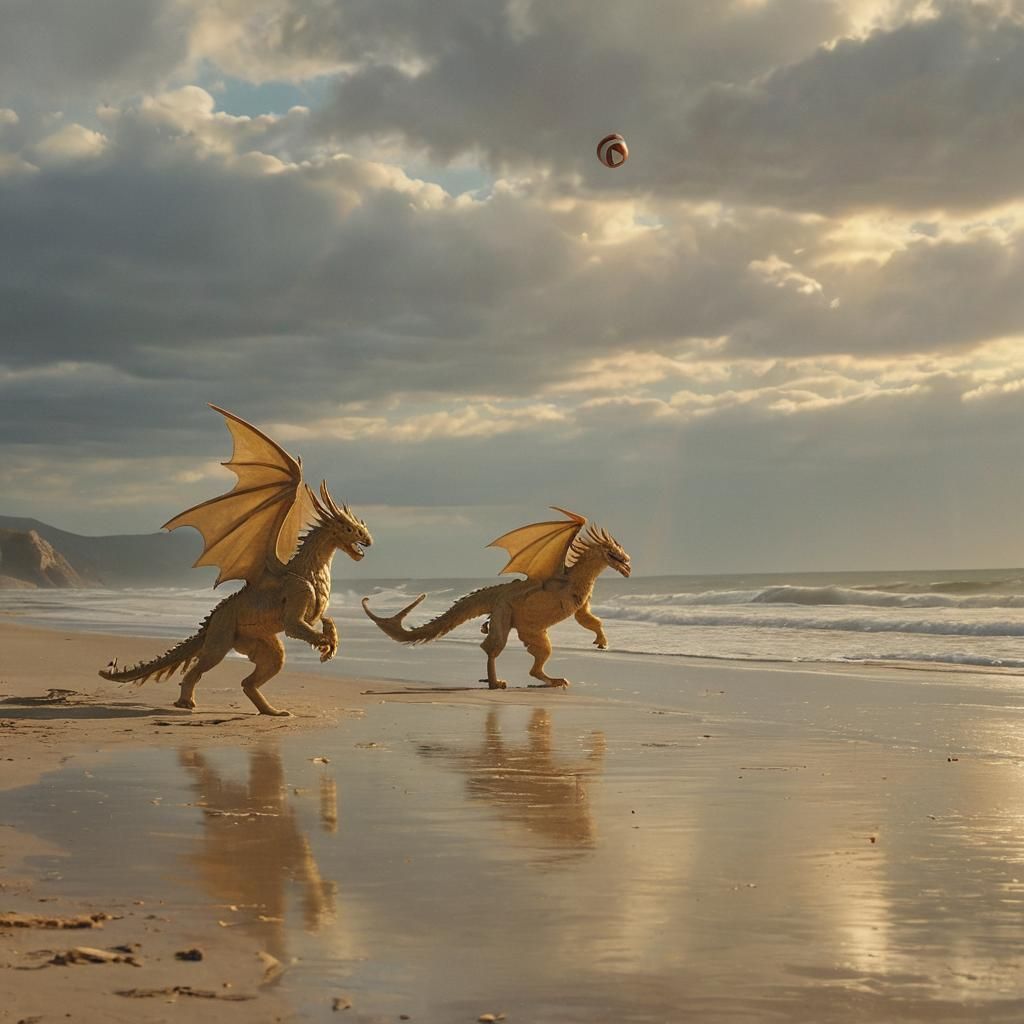 Gryphon and Dragon Play Volleyball: Impressionist Style