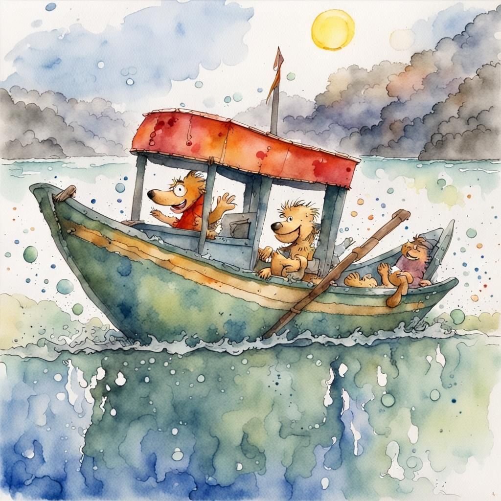 Whimsical Watercolour Mascot on Travel Boat