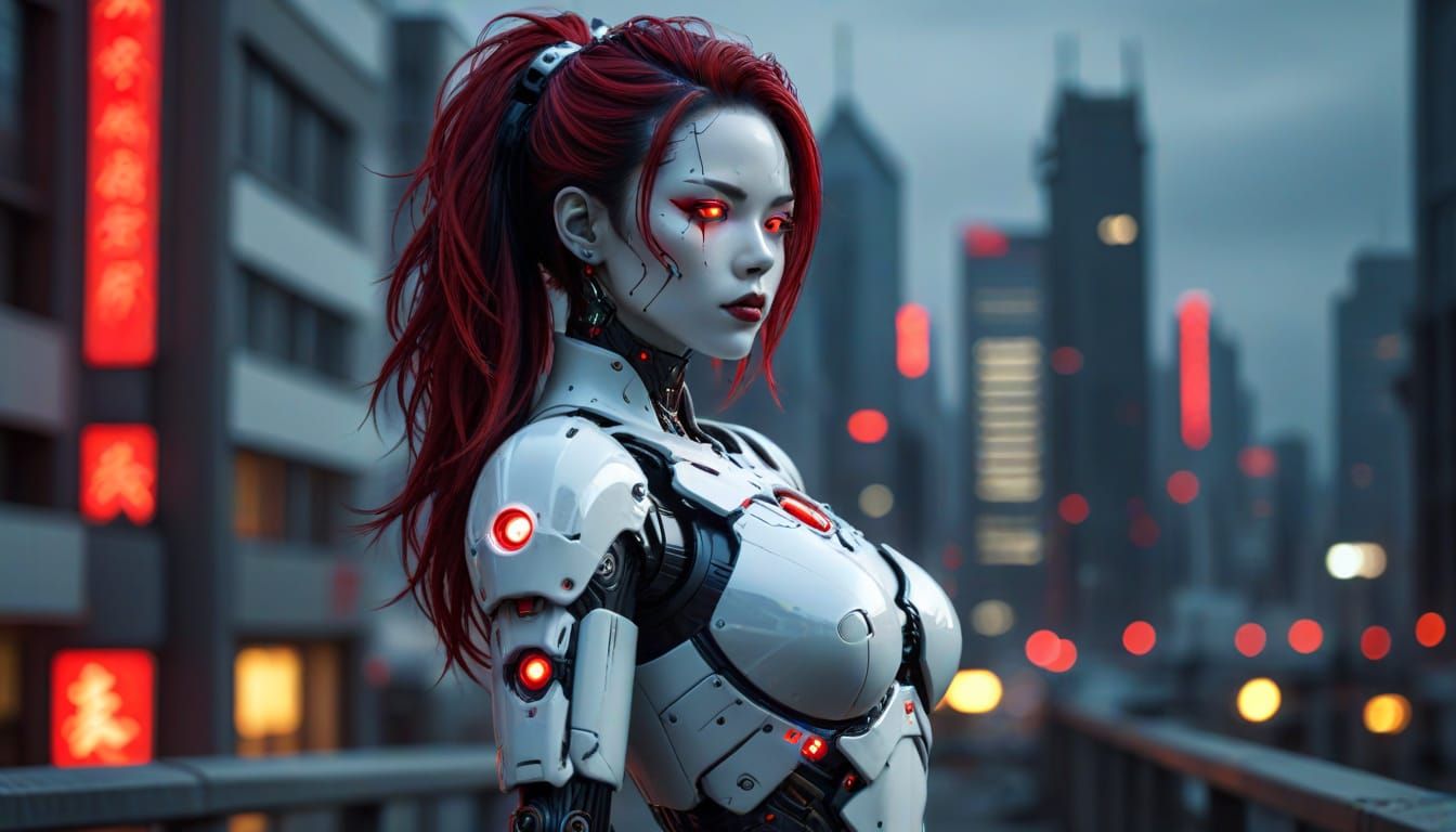 Cyberpunk Gynoid Android Robot in Neon Cityscape