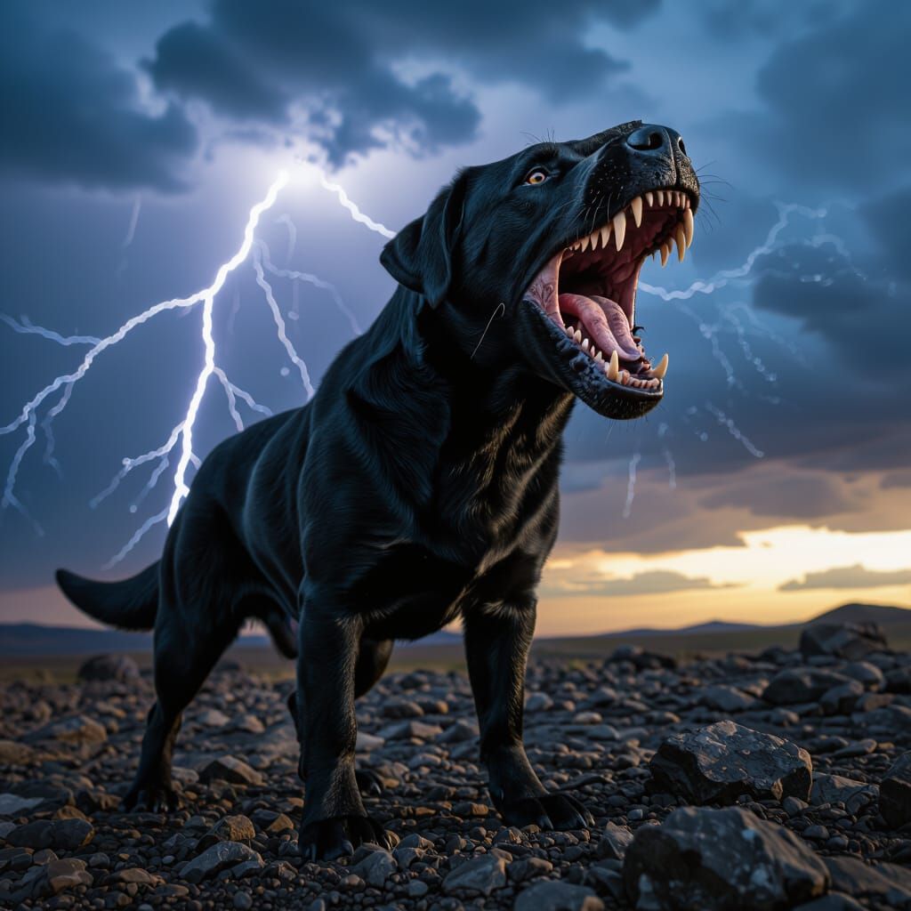 Black Lab T. Rex Hybrid Roaring on Rocky Terrain