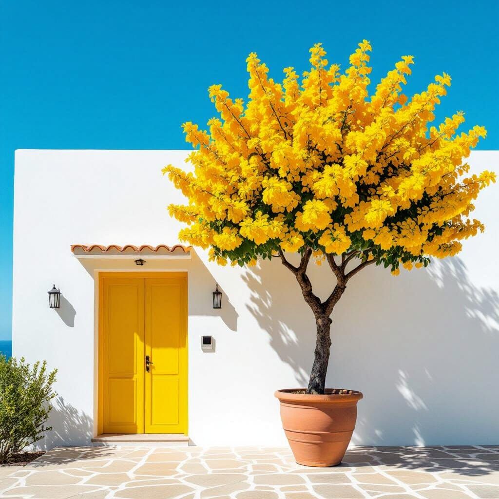 Mediterranean House with Yellow Door and Blue Sky