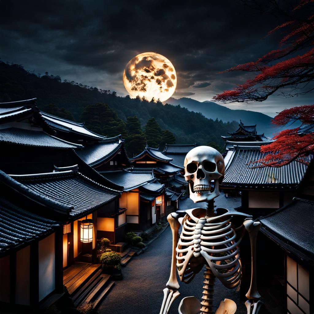 Giant Skeleton Walks Through Japanese Village