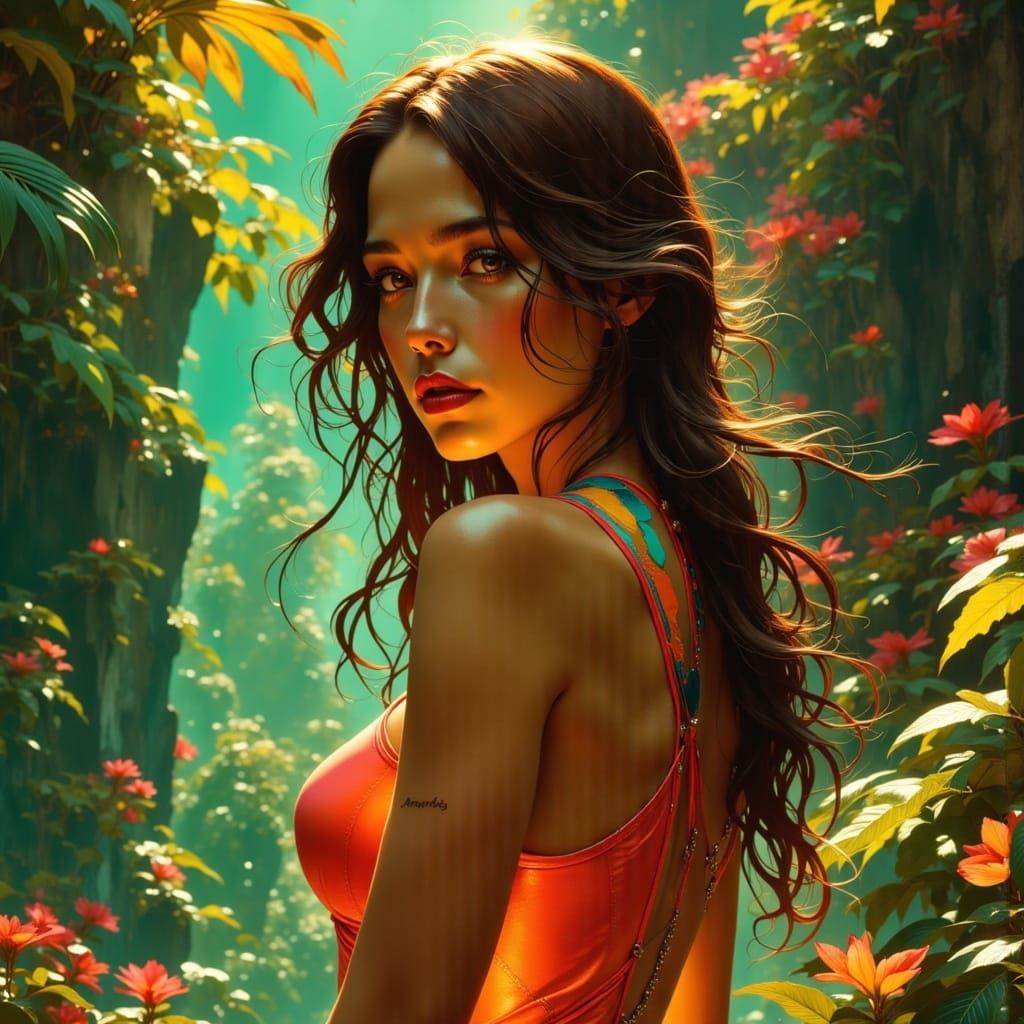 Vibrant Lara Croft in Tropical Jungle at Golden Hour