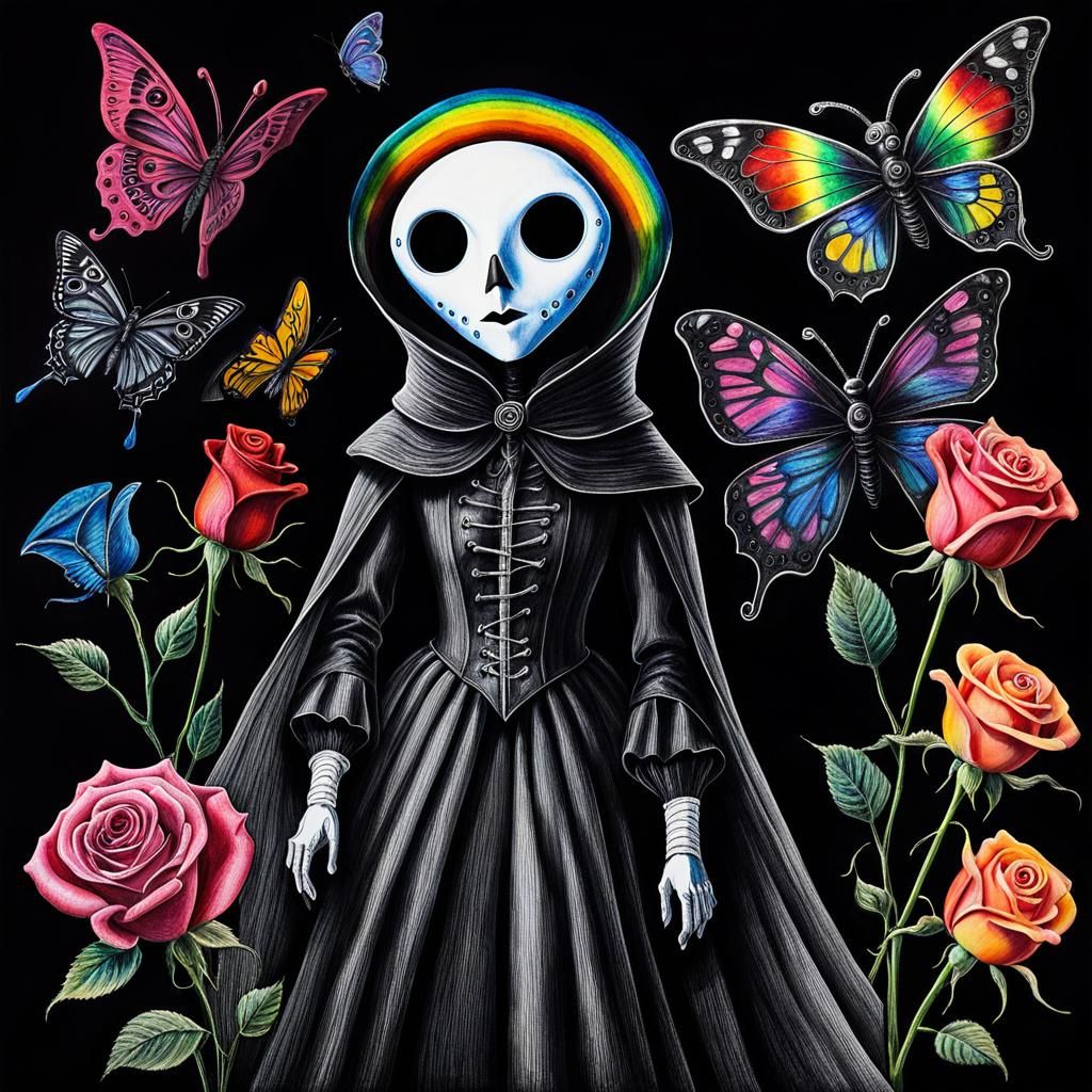 Surreal Crayon Drawing: Plague Doctor and Goth Woman