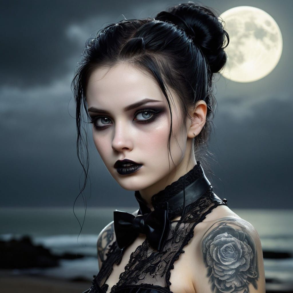 Goth in Victorian Bowtie and Rainy Moonlight