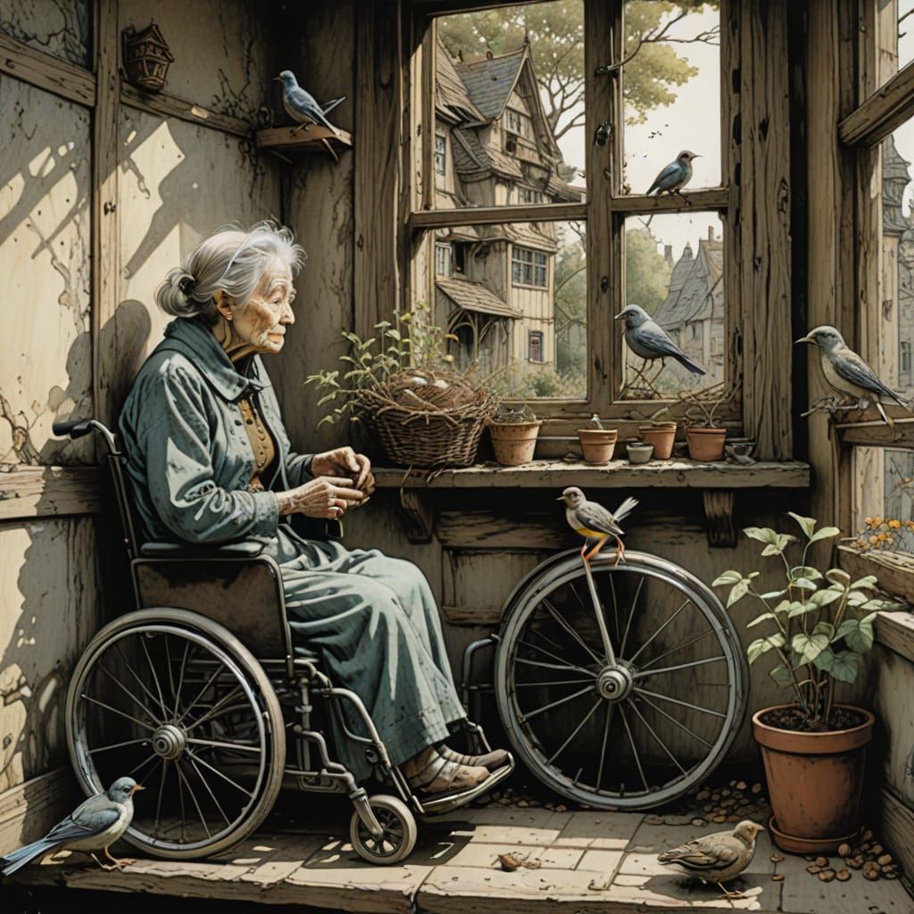 Elderly Woman Watches Bird Feed Young Outside Window
